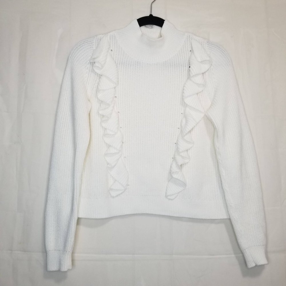 525 America Ruffle front sweater ivory size S pullover mock neck short cotton